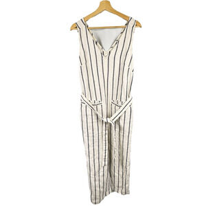 Faherty Catalina Linen One Piece V-Neck Belted Jumpsuit Navy Stripe Quiet Luxury